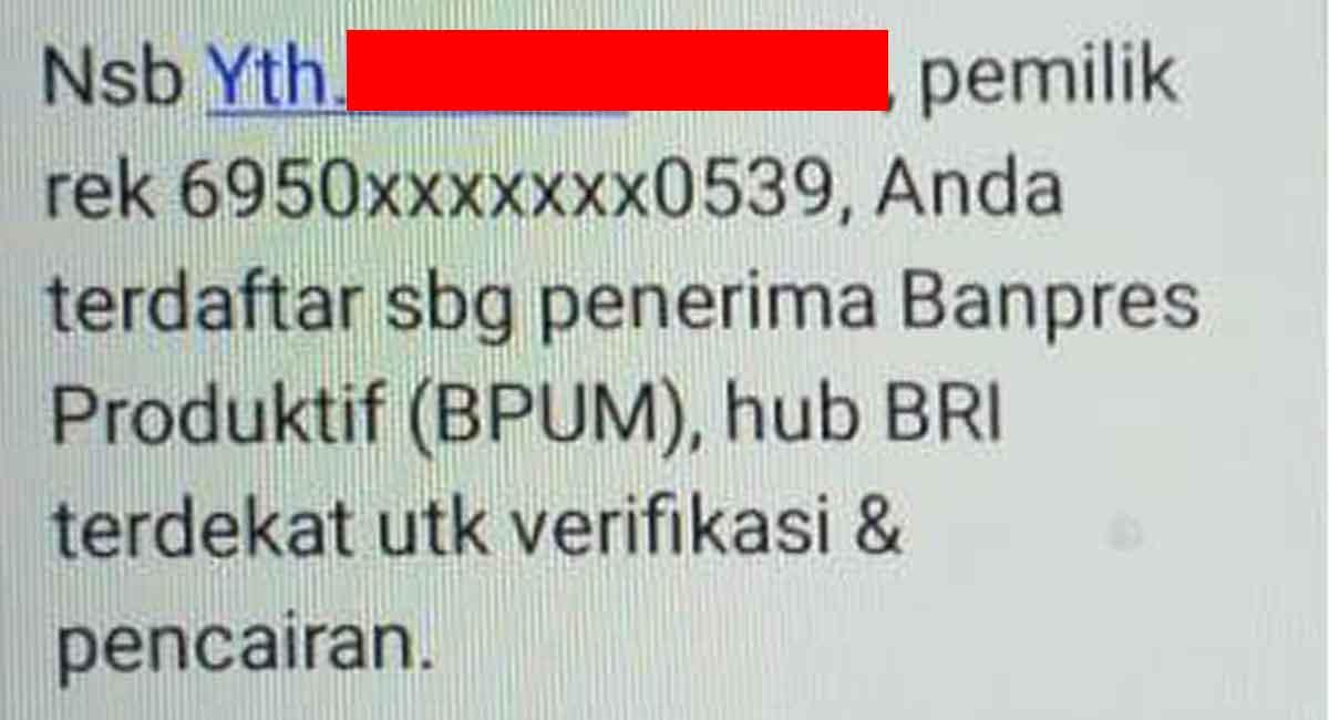 SMS pemberitahuan Banpres UMKM Tahap 4 disampaikan BRI