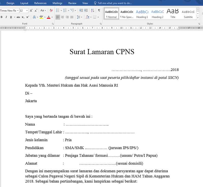 Contoh Surat Lamaran CPNS 2021