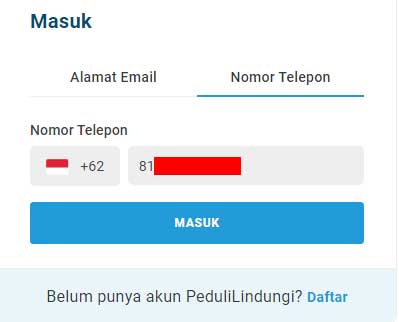 masuk pedulilindungi melalui nomor hp