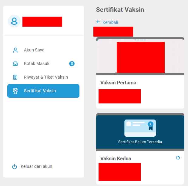 sertifikat vaksin pertama dan kedua