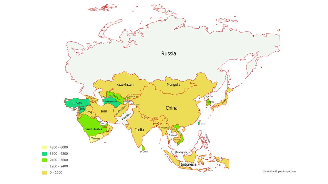 Asia map with country names and capitals