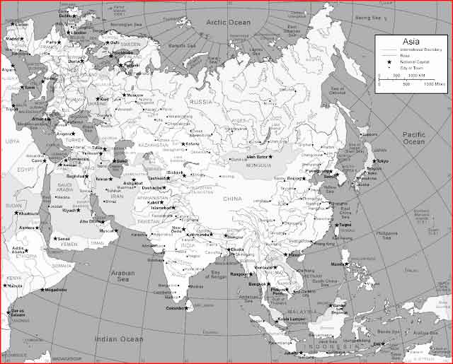 Asia map with country names and capitals 52 Black and white Asia Map With Country Names