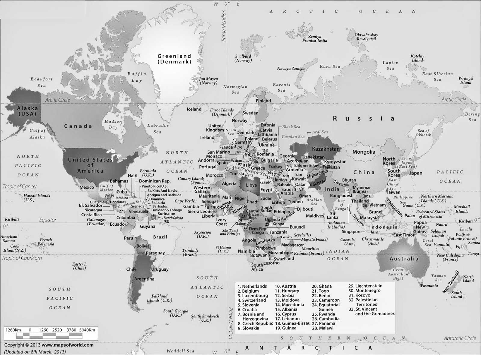 World map black and white with country