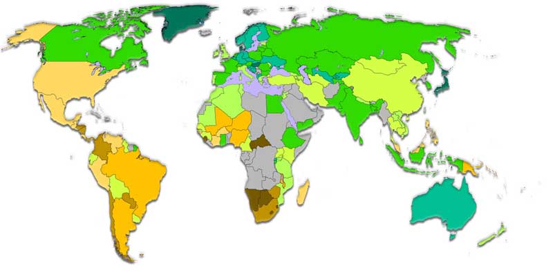 World map blank with color